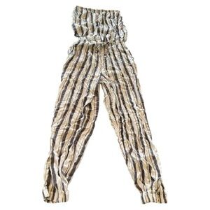 Blue island strapless jogger cut jumpsuit blue white gold striped elastic waist